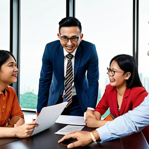 Home 7 **
Prompt: "A diverse team collaborating in a modern office in Kuala Lumpur, receiving positive feedback from their manager. Focus on teamwork, communication, and constructive criticism."
**