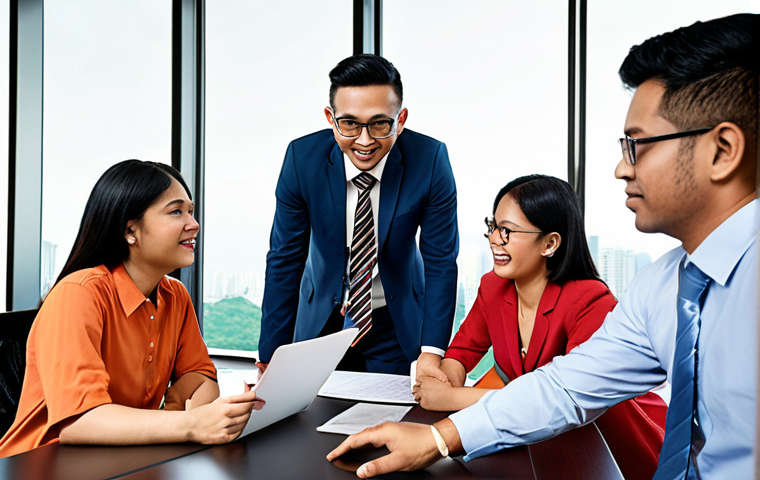 **
Prompt: "A diverse team collaborating in a modern office in Kuala Lumpur, receiving positive feedback from their manager. Focus on teamwork, communication, and constructive criticism."
**