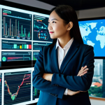 A professional Malaysian businesswoman in a modest, modern business suit, standing confidently in a high-tech office overlooking a vibrant Kuala Lumpur cityscape. She is interacting with a large holographic display showing real-time performance analytics, OKR dashboards, and data visualizations. The environment is sleek and digital, emphasizing innovation and strategic alignment. The pose is natural and professional. fully clothed, appropriate attire, professional dress, safe for work, appropriate content, family-friendly, perfect anatomy, correct proportions, well-formed hands, proper finger count, high resolution, professional photography, soft studio lighting.