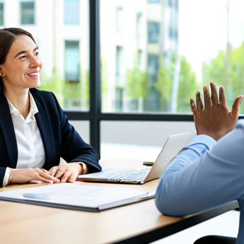 A diverse group of professionals, including a male manager and a female employee, engaging in a one-on-one constructive feedback session in a brightly lit, modern office meeting room. They are both fully clothed in modest business attire, maintaining a natural pose and expressing focused, open communication. The background features blurred contemporary office furniture and a large window. perfect anatomy, correct proportions, well-formed hands, proper finger count, natural body proportions, professional photography, high quality, safe for work, appropriate content, family-friendly.