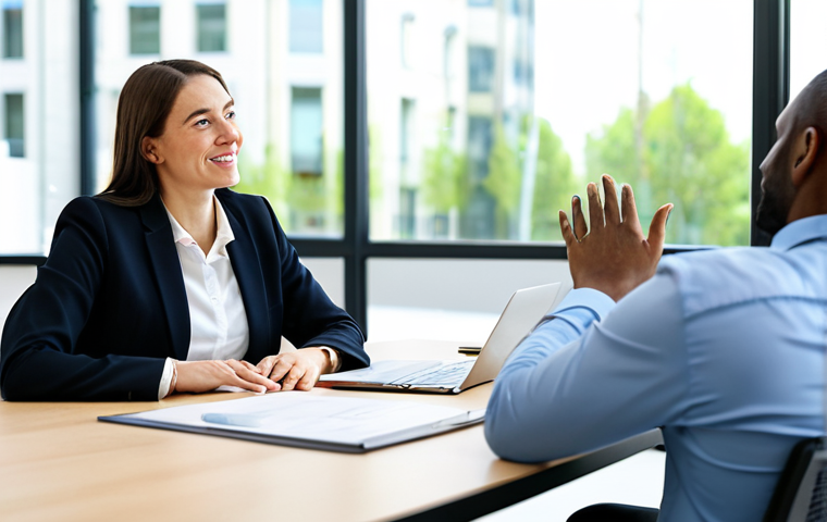 A diverse group of professionals, including a male manager and a female employee, engaging in a one-on-one constructive feedback session in a brightly lit, modern office meeting room. They are both fully clothed in modest business attire, maintaining a natural pose and expressing focused, open communication. The background features blurred contemporary office furniture and a large window. perfect anatomy, correct proportions, well-formed hands, proper finger count, natural body proportions, professional photography, high quality, safe for work, appropriate content, family-friendly.